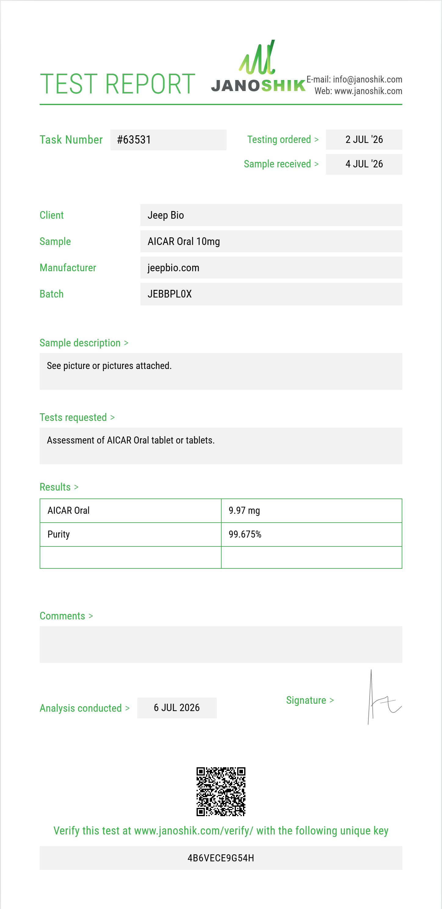 AICAR Oral Purity (HPLC) report by Janoshik Analytical