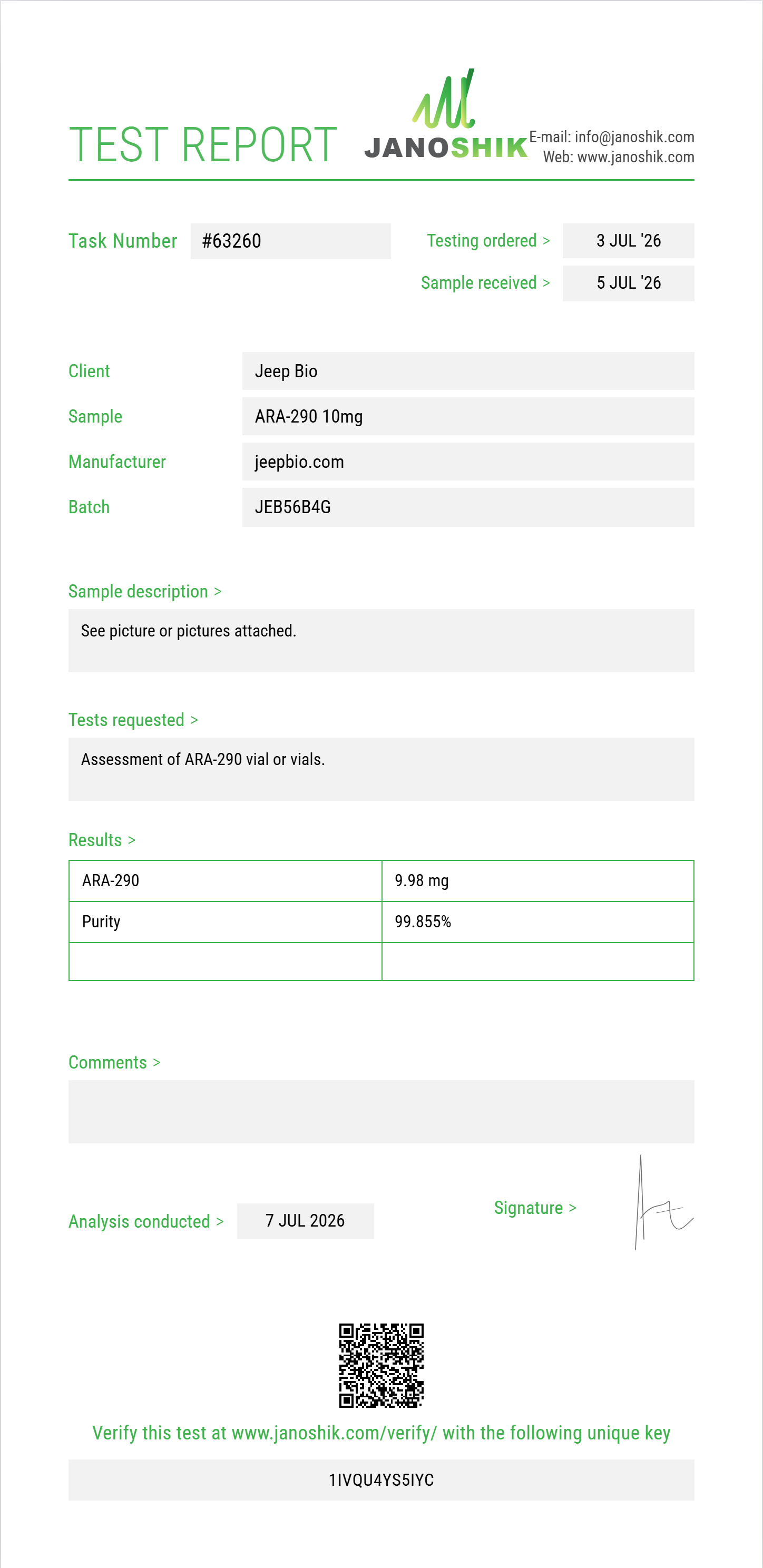 ARA-290 Purity (HPLC) report by Janoshik Analytical