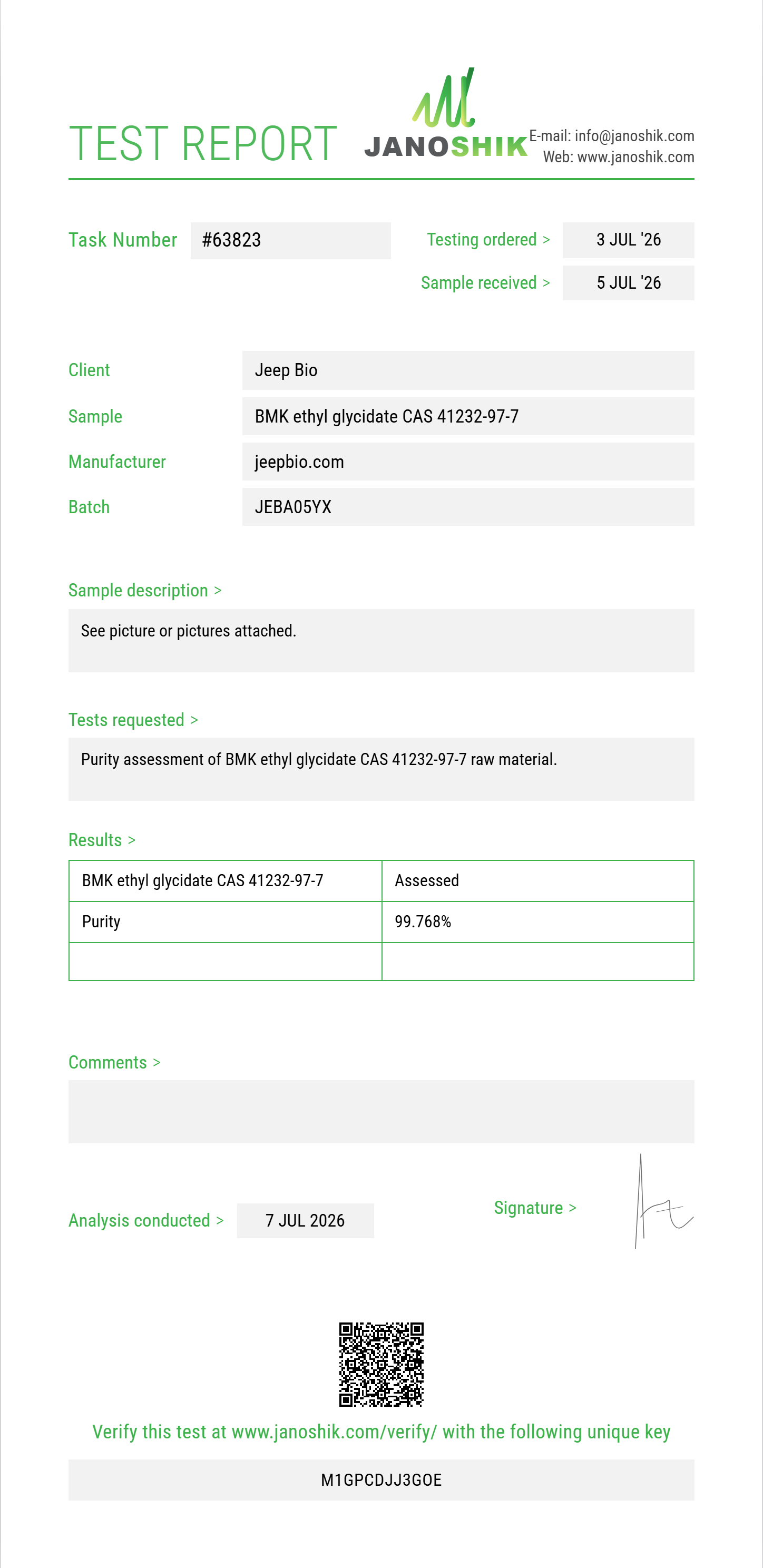 BMK ethyl glycidate CAS 41232-97-7 Purity (HPLC) report by Janoshik Analytical