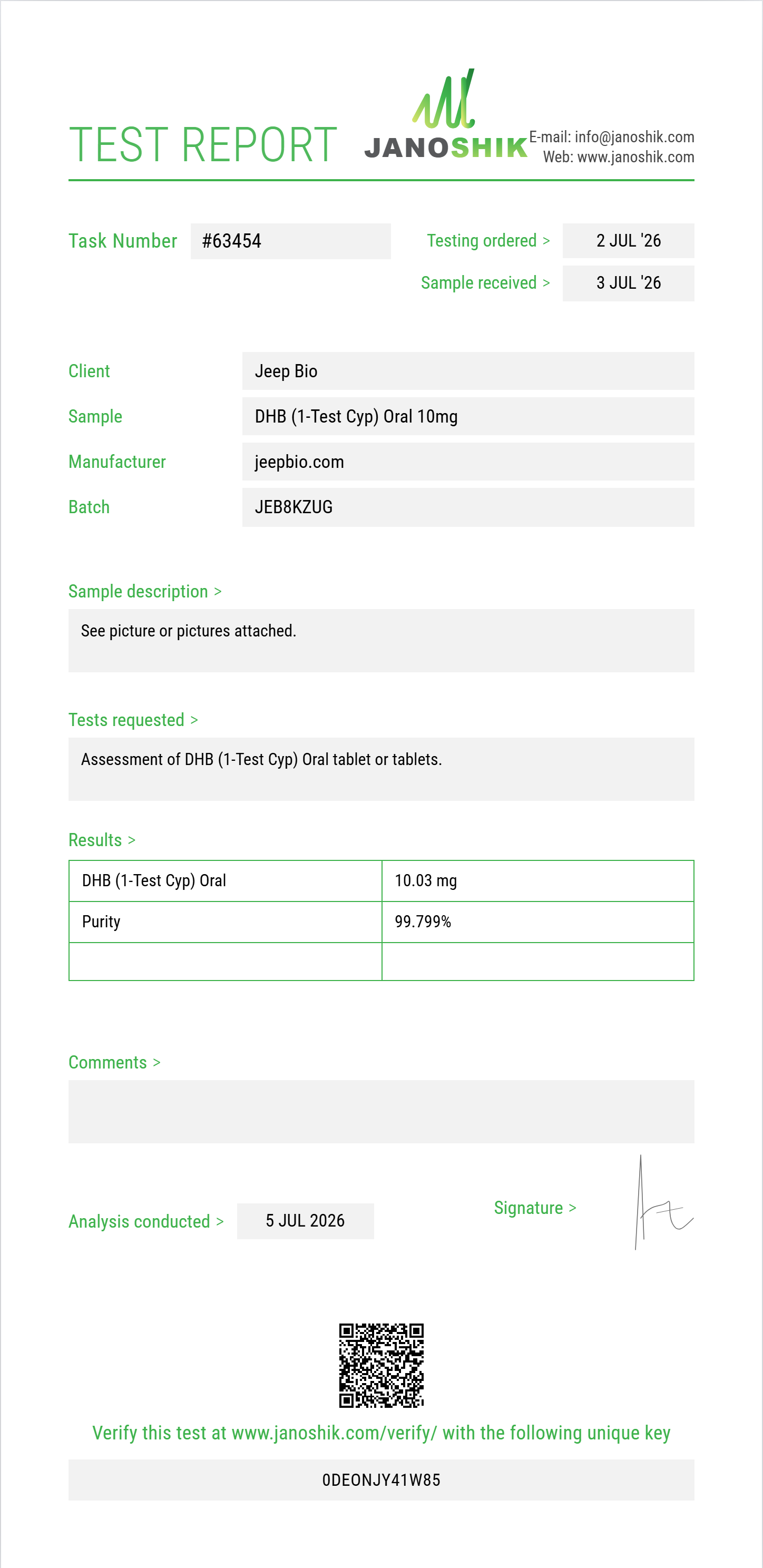 DHB (1-Test Cyp) Oral Purity (HPLC) report by Janoshik Analytical