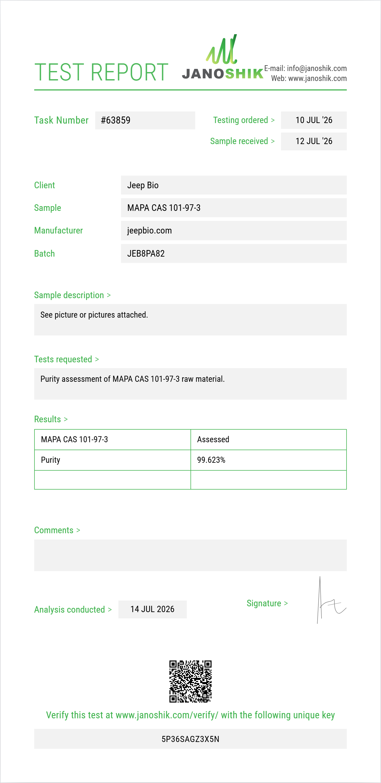 MAPA (methyl alpha-phenylacetoacetate) CAS 101-97-3 Purity (HPLC) report by Janoshik Analytical