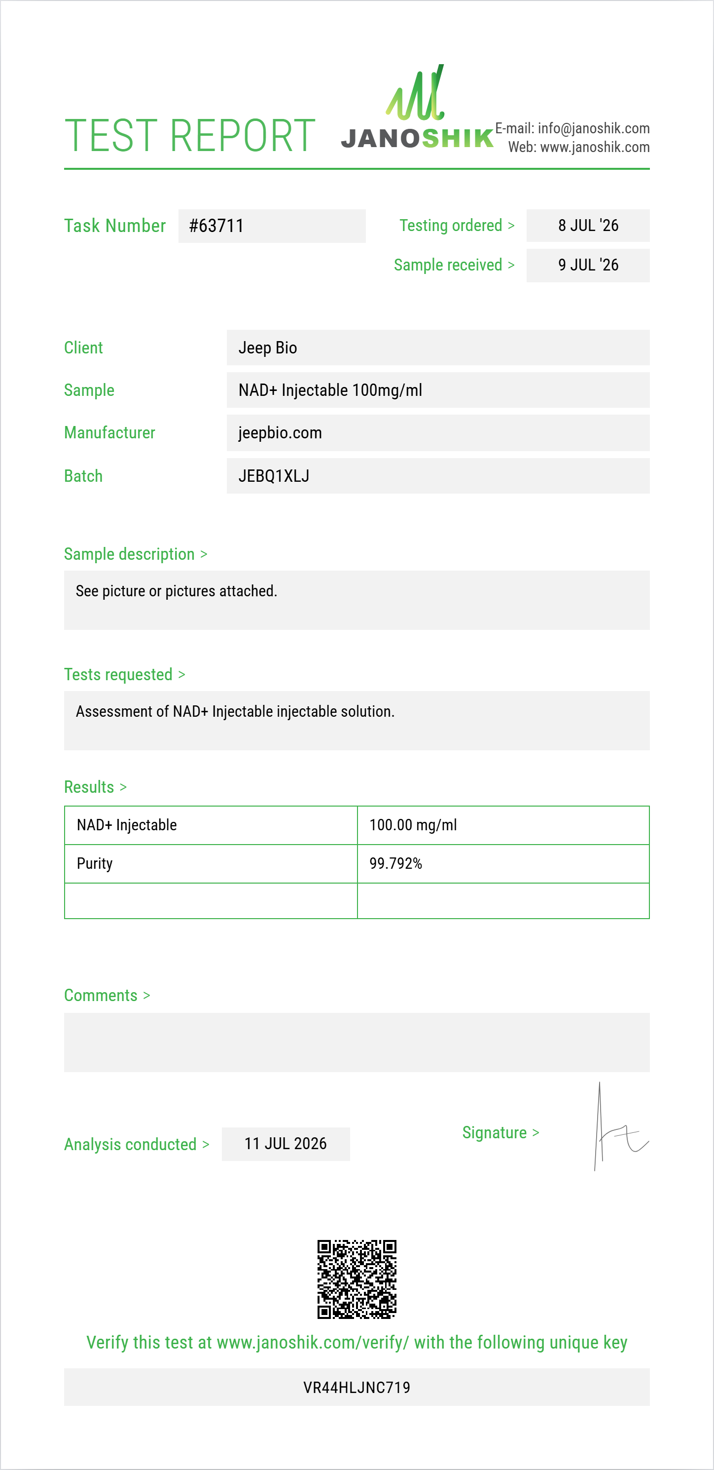 NAD+ Injectable Purity (HPLC) report by Janoshik Analytical