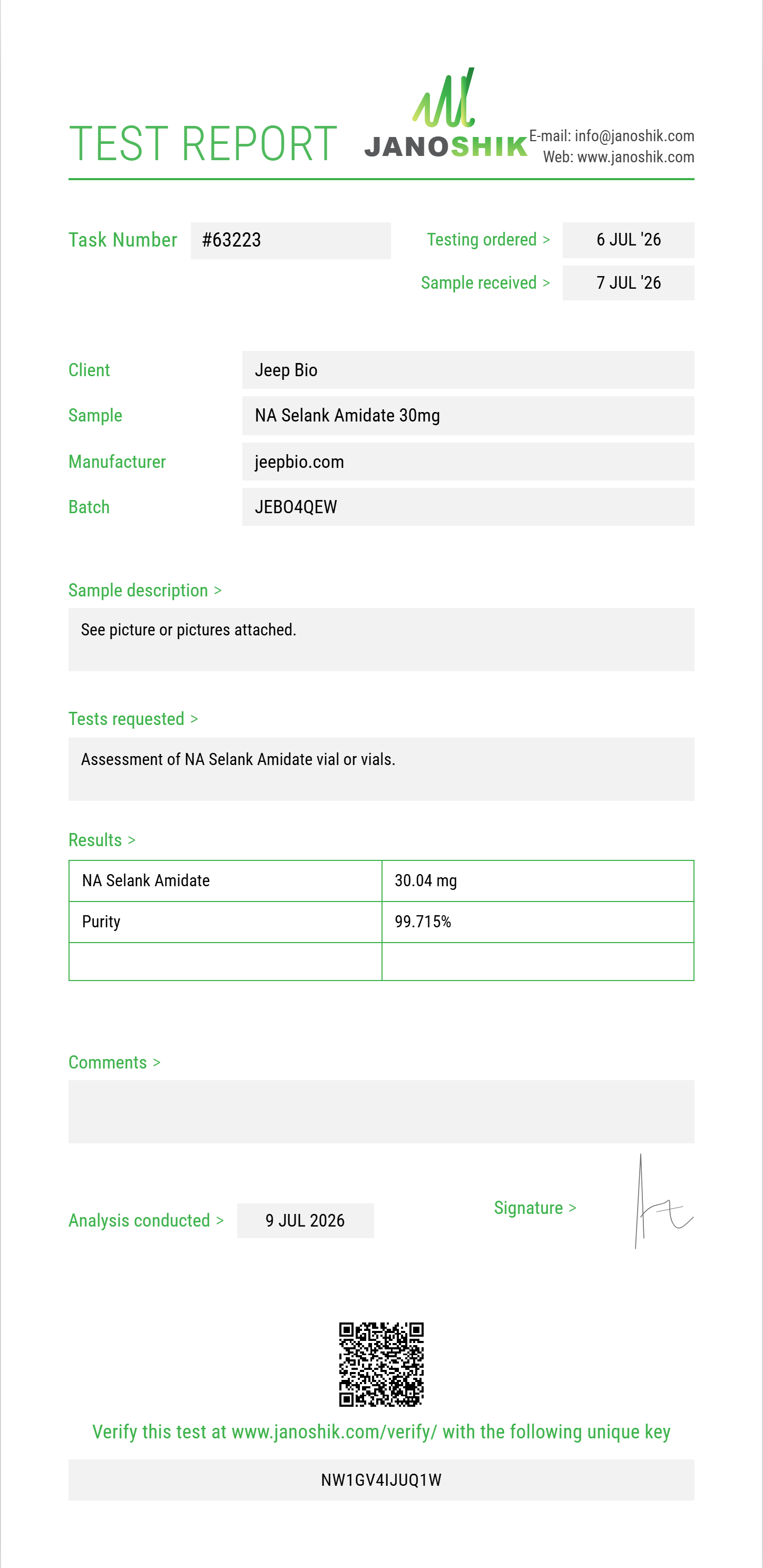NA Selank Amidate Purity (HPLC) report by Janoshik Analytical