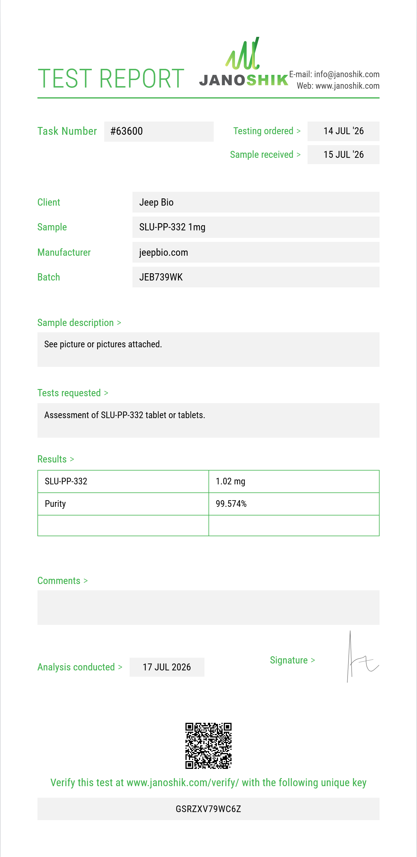 SLU-PP-332 Purity (HPLC) report by Janoshik Analytical