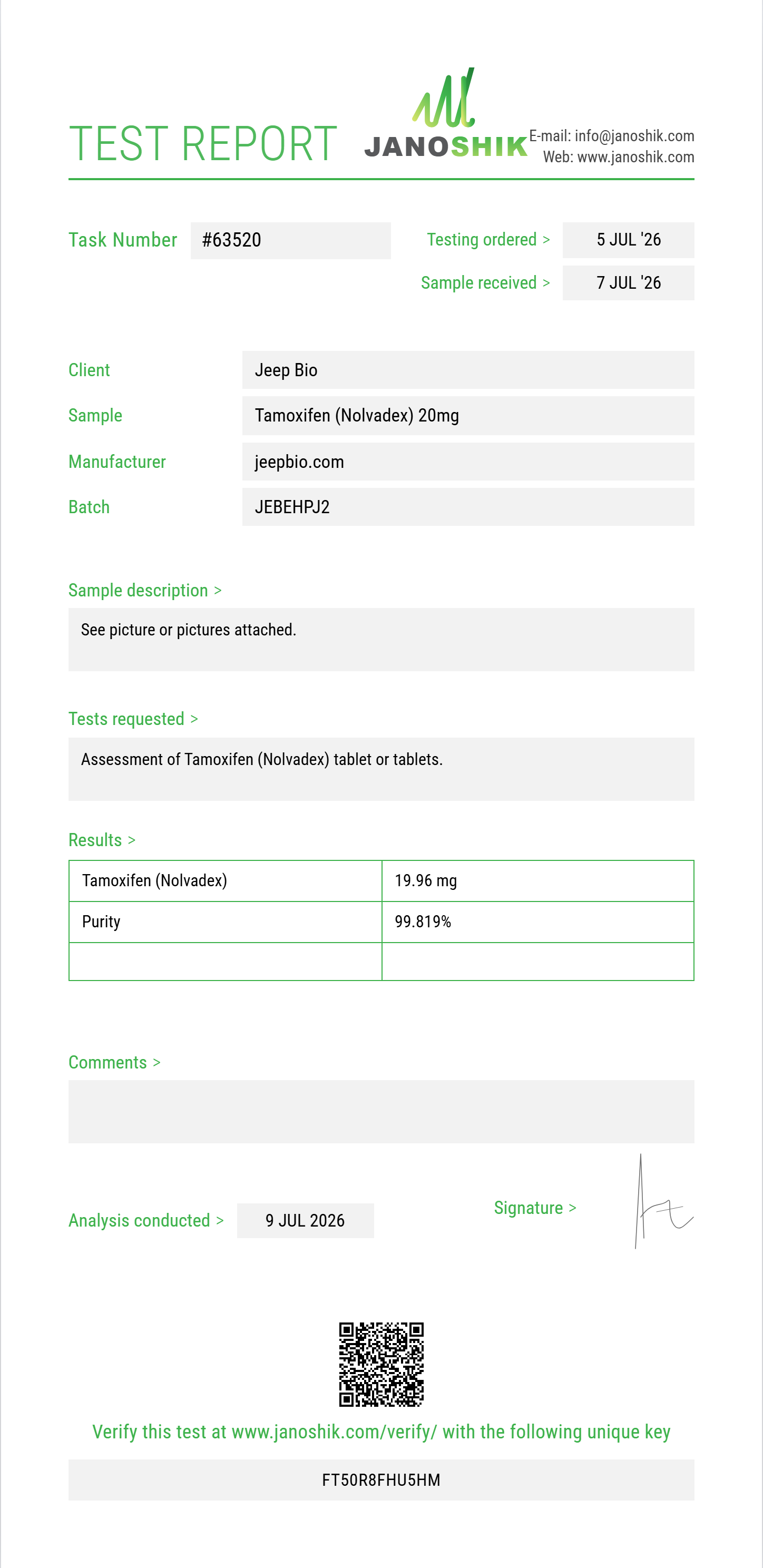 Tamoxifen (Nolvadex) Purity (HPLC) report by Janoshik Analytical