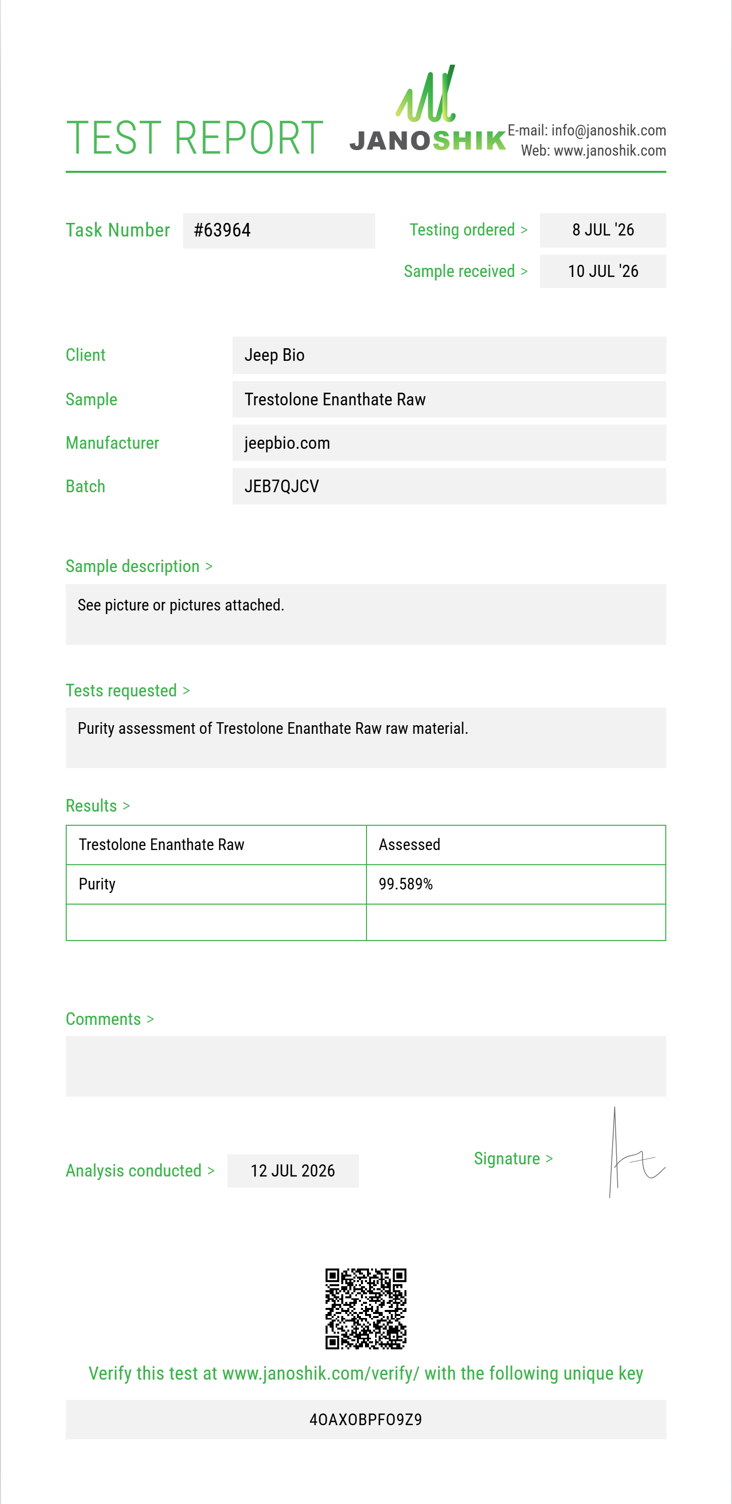 Trestolone Enanthate Raw Purity (HPLC) report by Janoshik Analytical
