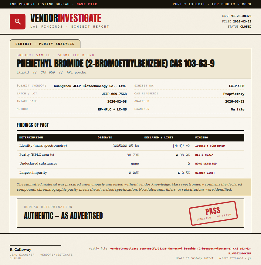 Phenethyl bromide (2-bromoethylbenzene) CAS 103-63-9 Purity (HPLC) report by VendorInvestigate