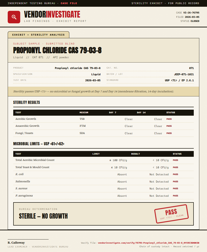 Propionyl chloride CAS 79-03-8 Sterility report by VendorInvestigate